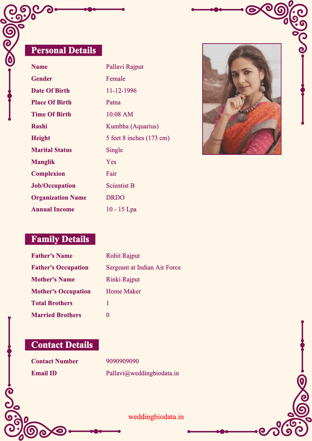 marriage biodata format 17 - Popular biodata design